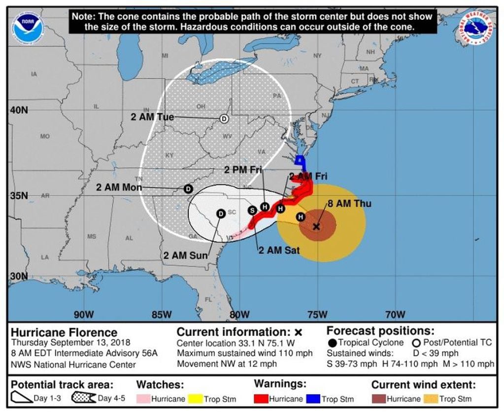 El huracán Florence se acerca a la costa sureste de Estados Unidos. Foto: EFE.