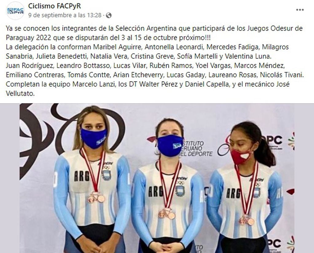Federación Argentina de Ciclismo en Pista y Ruta (FACPyR), dio a conocer la lista de la Selección Argentina.