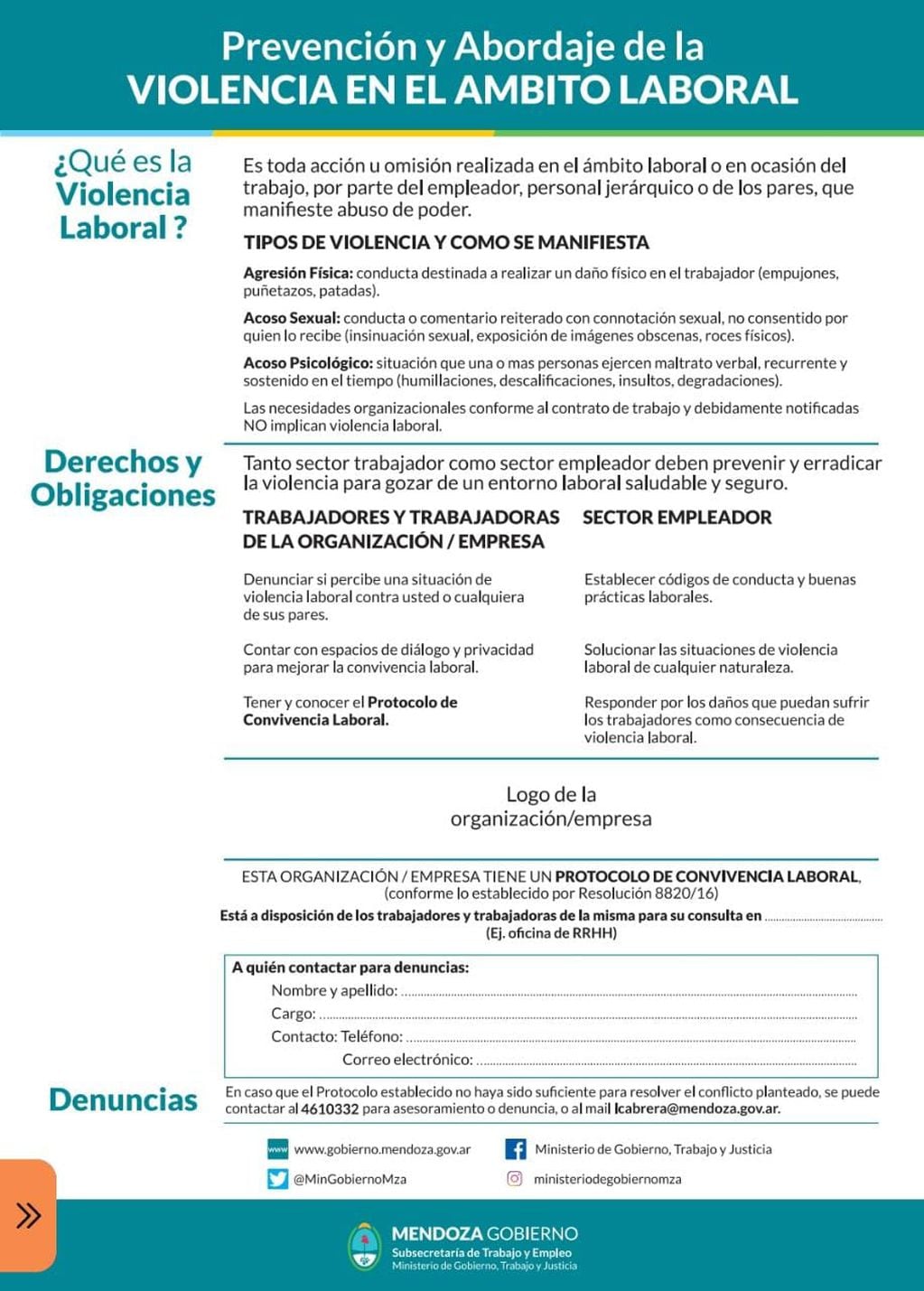 Afiche de prevención y abordaje de Violencia Laboral en Mendoza.