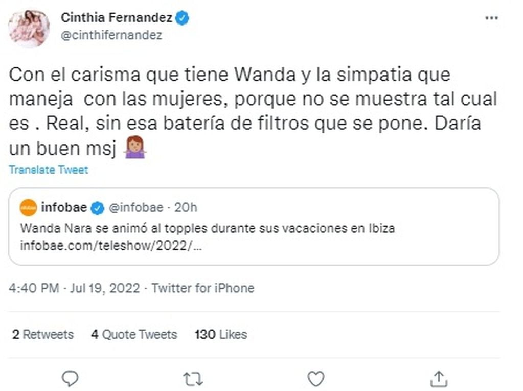 Cinthia Fernández opinó de las fotos al natural de Wanda Nara