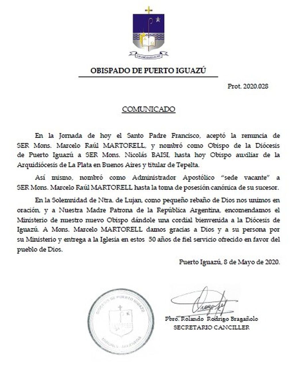 El obispado de Iguazú informó la noticia este viernes por la mañana.