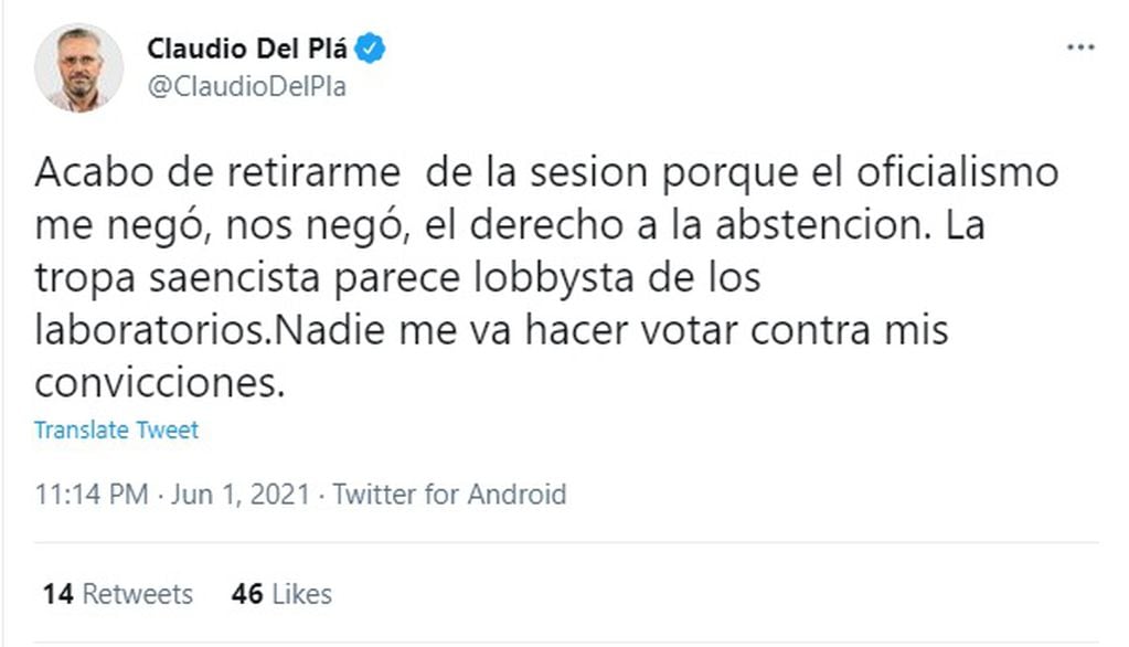 Claudio Del Plá se manifestó en contra de los convenios para la compra de vacunas.
