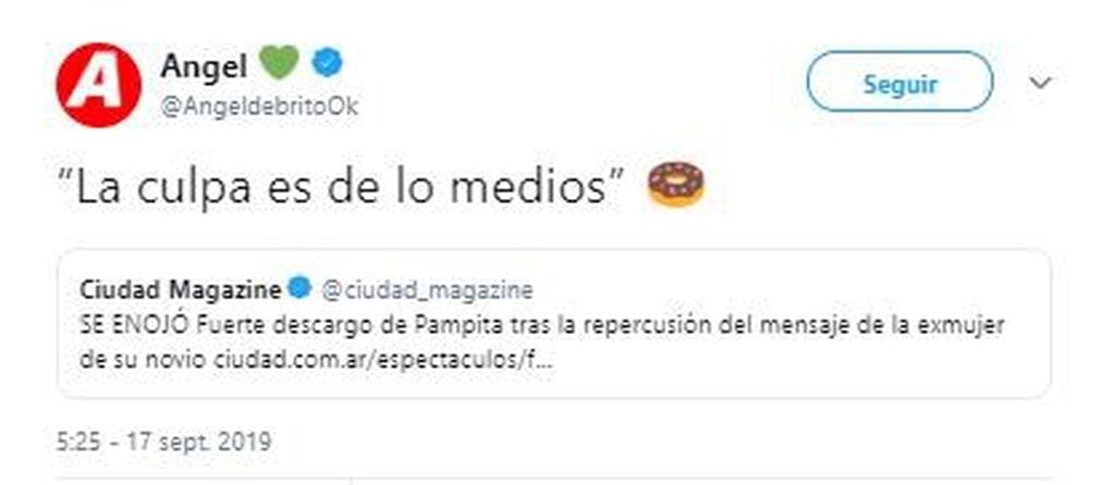 Ángel de Brito se rió de la reacción de Pampita ante la repercusión de la publicación de Milagros Brito (Captura de Twitter)