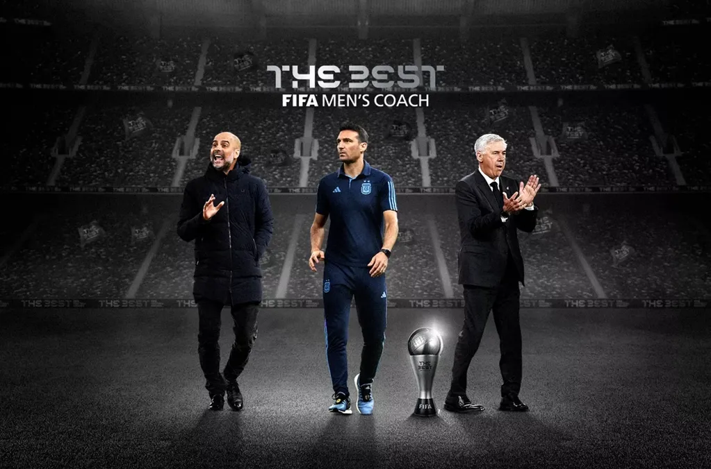 La terna a Mejor Entrenador de 2022, con ‘Pep’ Guardiola, Lionel Scaloni y Carlo Ancelotti. Foto: FIFA