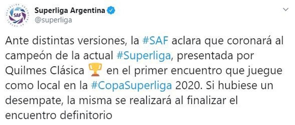 El campeón de la Superliga deberá esperar para levantar el título. (Twitter/@superliga)