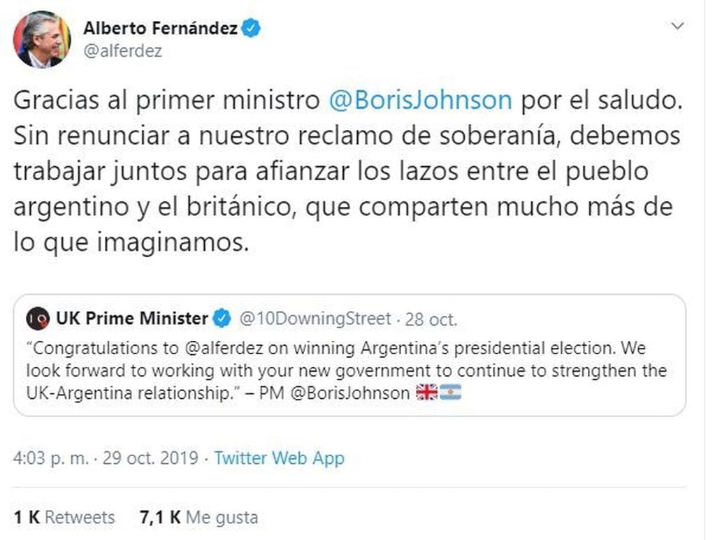 El mensaje de Alberto Fernández para el primer ministro británico. Twitter / @alferdez
