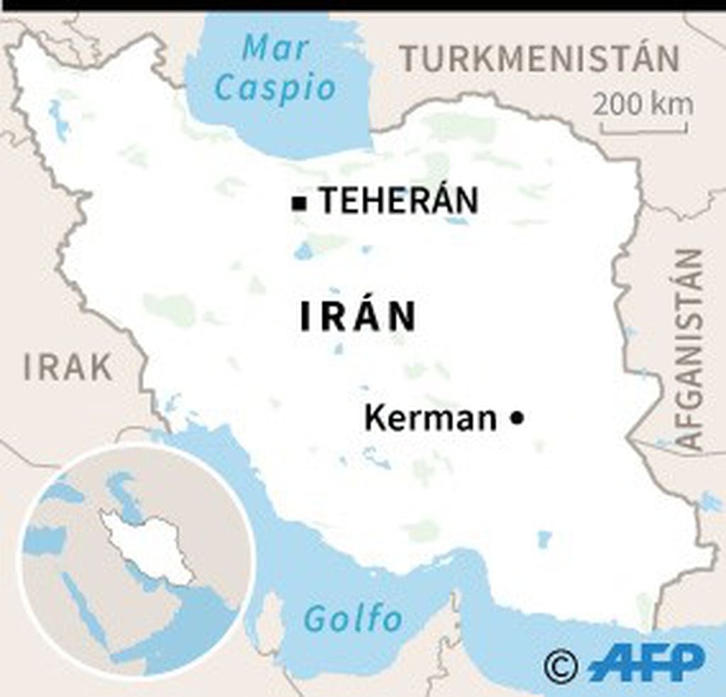 Mapa localizando Kerman en Irán en donde varias personas murieron en una estampida el martes en los funerales del general Qasem Soleimani - AFP / AFP