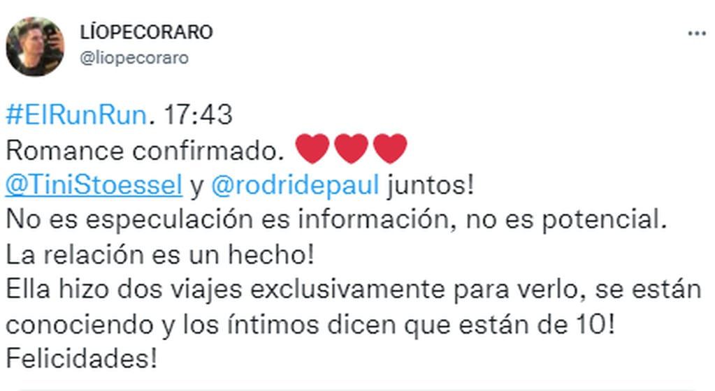 Lío Pecoraro confirmó la relación entre Tini Stoessel y Rodrigo de Paul.