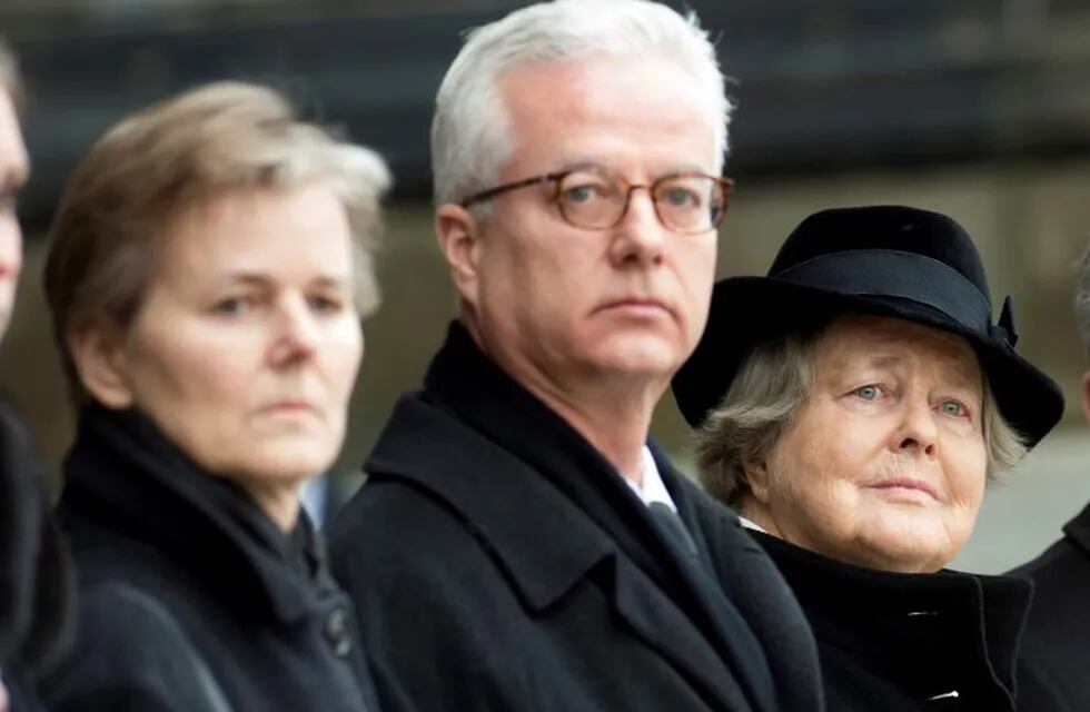 FILE -- In this Feb. 11, 2015 photo, from left, the children Beatrice von Weizsäcker and Fritz von Weizsaecker and the wife Marianne von Weizsaecker attend the funeral for the former German President Richard von Weizsaecker in Berlin, Germany. Fritz von Weizsaecker has been killed on Tuesday, Nov. 19, 2019 while he was giving a lecture at a hospital in Berlin where he also worked as a physician. (Maurizio Gambarini/dpa via AP, file)