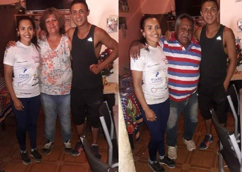Junto a sus padres y la campeona del mundo, Leonela Yúdica.