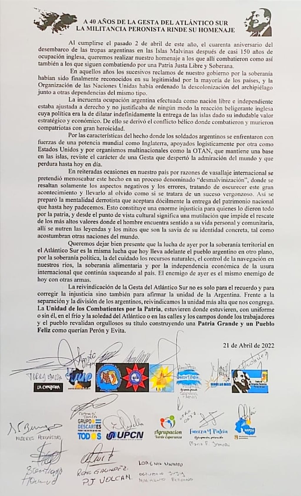 El manifiesto firmado por referentes de agrupaciones, sindicatos y organizaciones peronistas que les fue entregado en el homenaje a los veteranos de Malvinas de Jujuy.