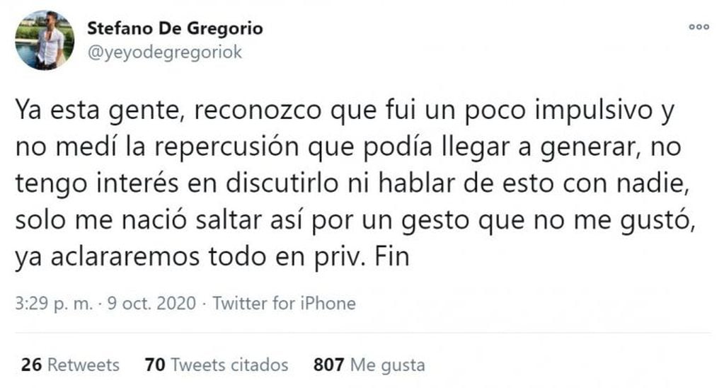 Yeyo de Gregorio pidió disculpas (Foto: captura Twitter)