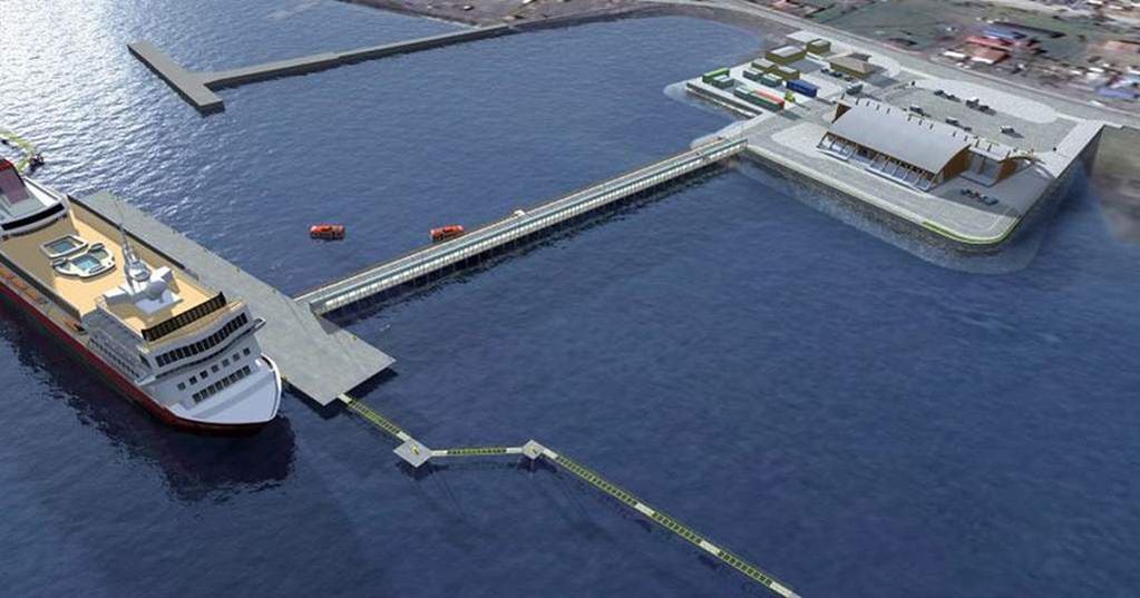 Render del muelle multipropósito de Puerto Williams. El mismo será de 150 metros de longitud, una quinta parte de la longitud del muelle de Ushuaia.