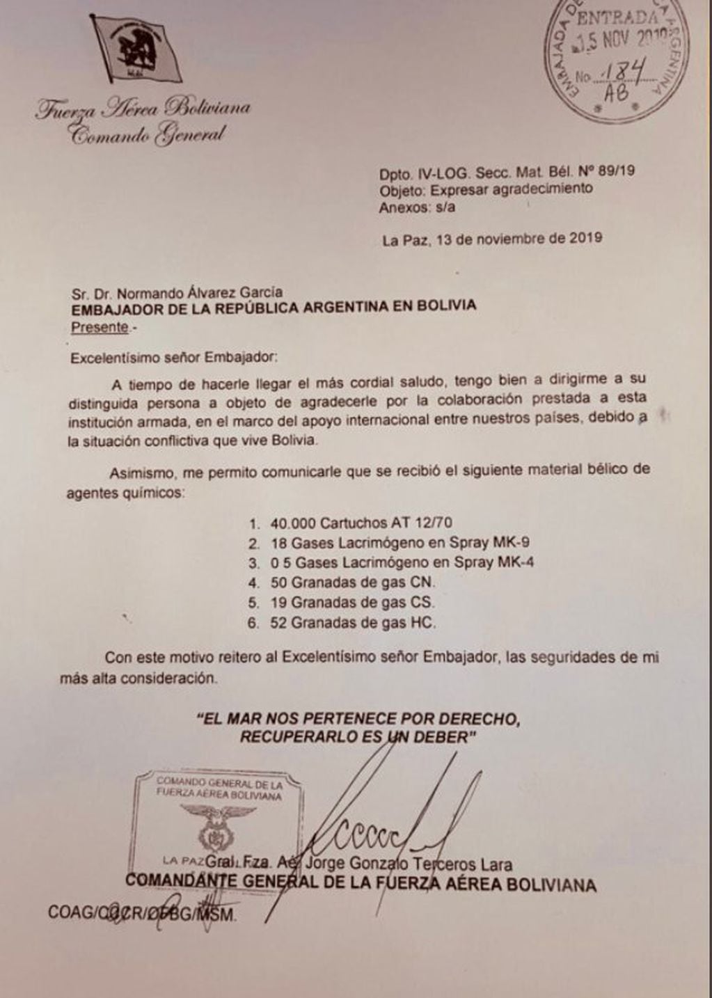 La carta de Jorge Gonzalo Terceros Lara a Normando Alvarez García. (Gobierno de Bolivia)