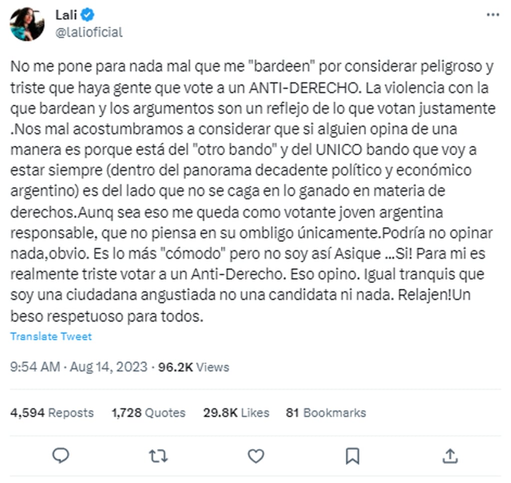 Lali Espósito tras las críticas que recibió.