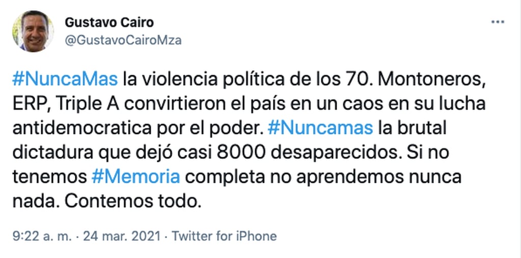Tuit de Gustavo Cairo sobre los desaparecidos.