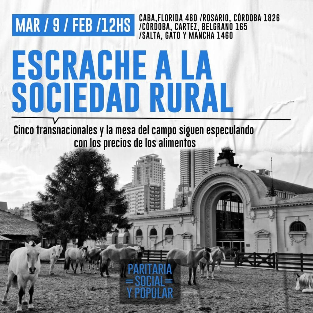 Organizaciones sociales y políticas marcharán mañana a sedes de la Sociedad Rural Argentina. (Twitter)