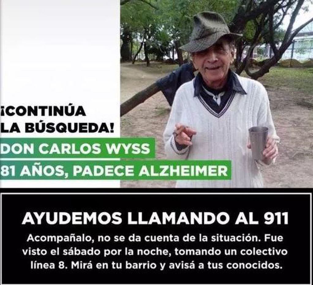 Carlos Wyss, de 81 años, apdece alzheimer y está desaparecido desde el 15 de agosto