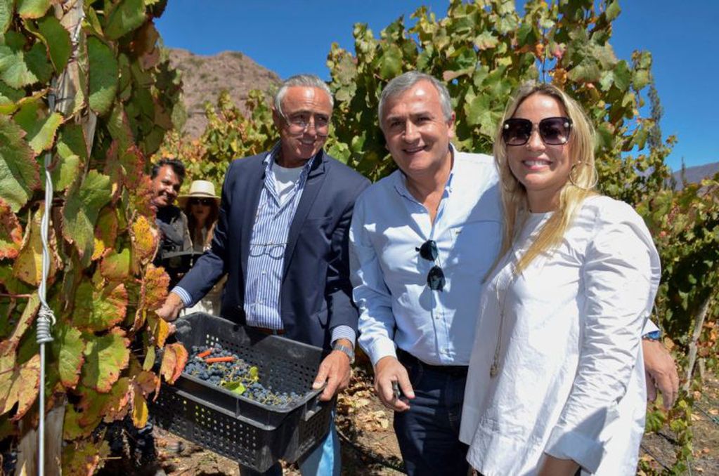 El empresario Fernando Dupont, junto al gobernador Morales y su esposa Tulia Snopek, en los viñedos de Maimará.