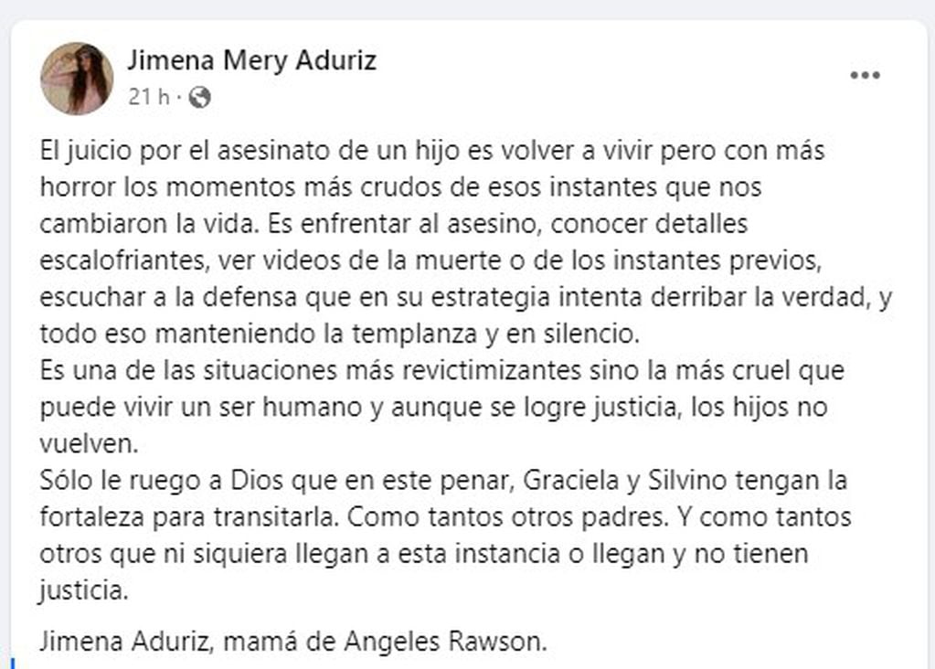 La carta de la mamá de Ángeles Rawson a los papás de Fernando Báez Sosa: "El juicio es volver al horror".