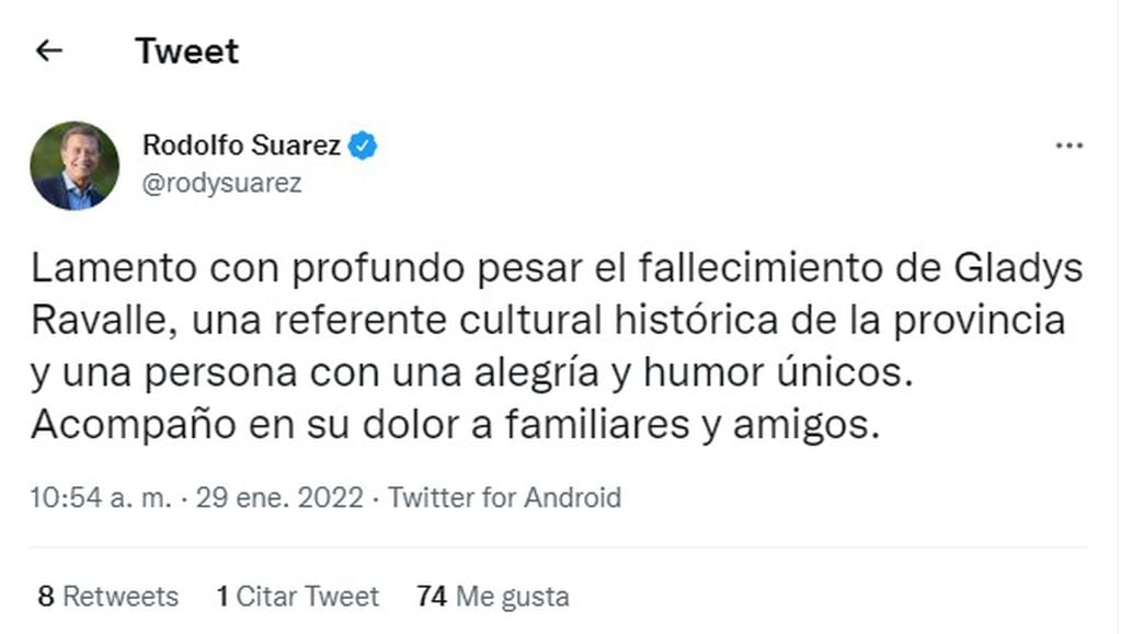 Tweet del gobernador Rodolfo Suarez