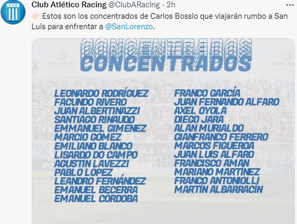 Carlos Bossio se lleva plantel completo para el debut de Racing en Copa Argentina.