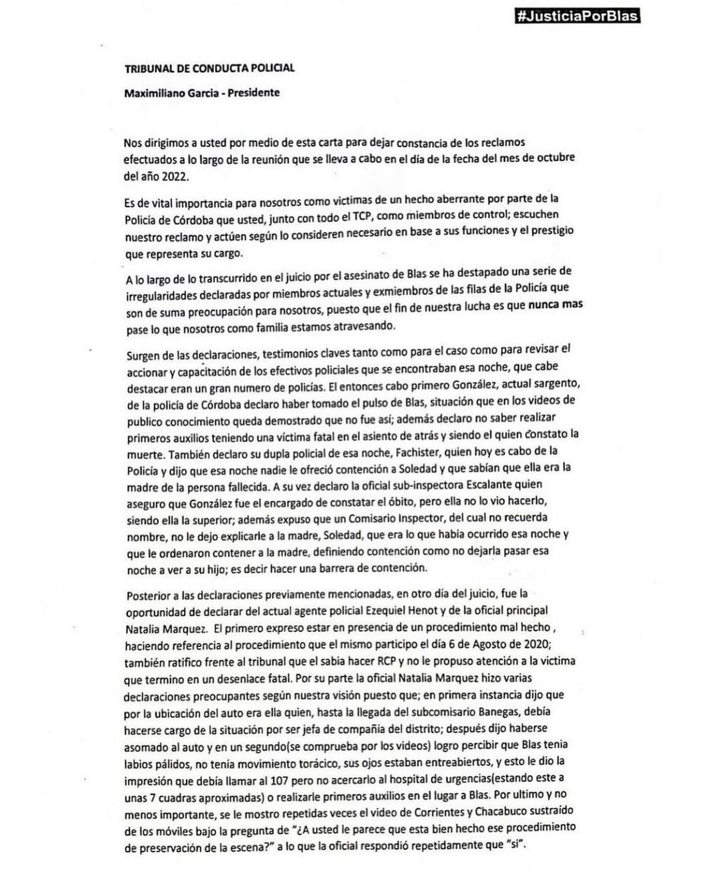 Primera página de la denuncia presentada por la familia de Blas Correas.