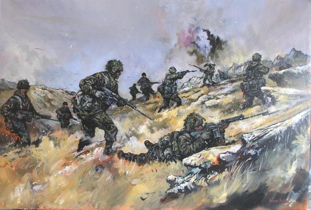 Ilustración (de Jason Askew) sobre el combate de Monte Longdon. El dibujo muestra a los Paracaidistas británicos en pleno ataque, mientras reciben un intenso fuego defensivo argentino.