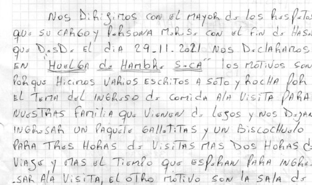 Parte de la carta de los presos de Puerto Madryn (Diario Jornada).