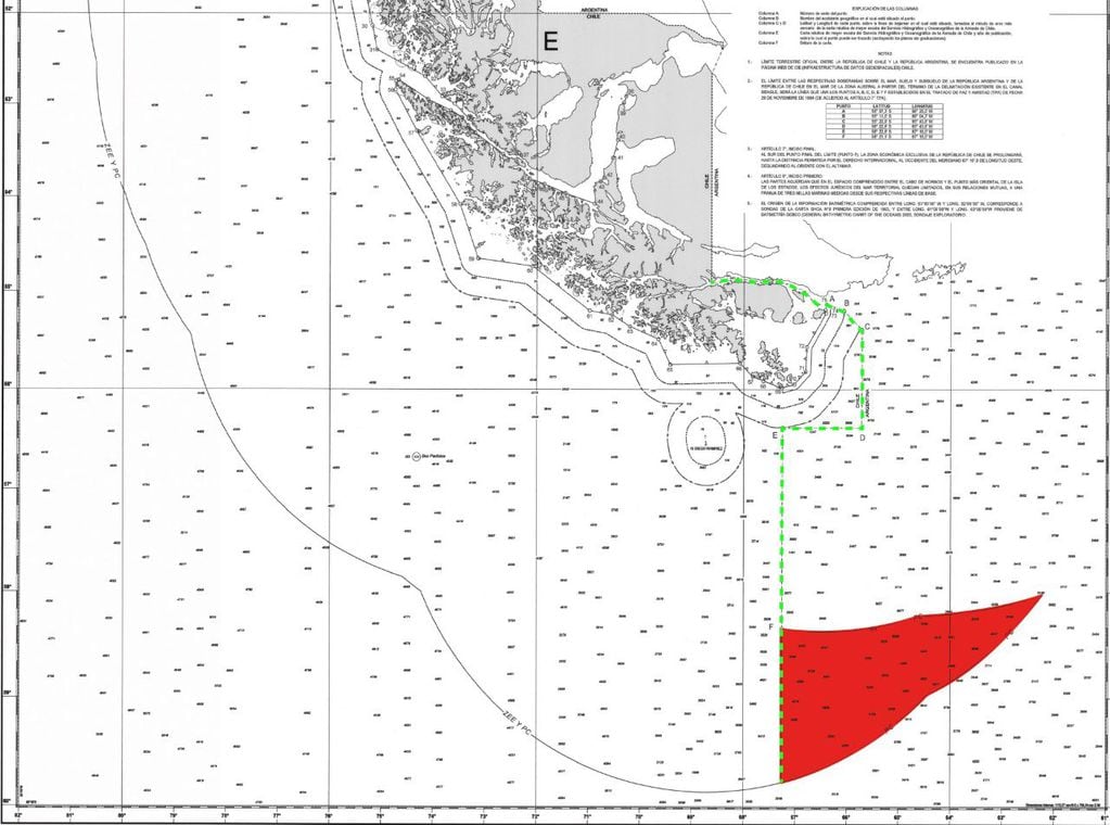 Zona pretendida por Chile que viola el TPA 1984, firmado entre ambos países. Esta imagen fue compartida por el Canciller Felipe Solá.