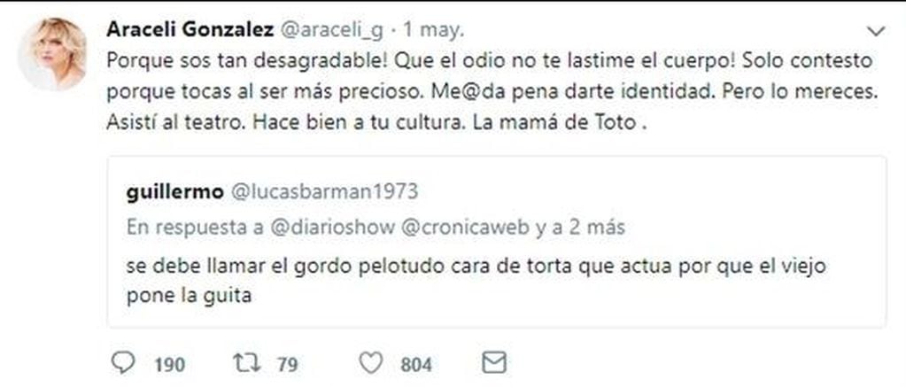 La bronca de Araceli González con un seguidor que insultó a su hijo.