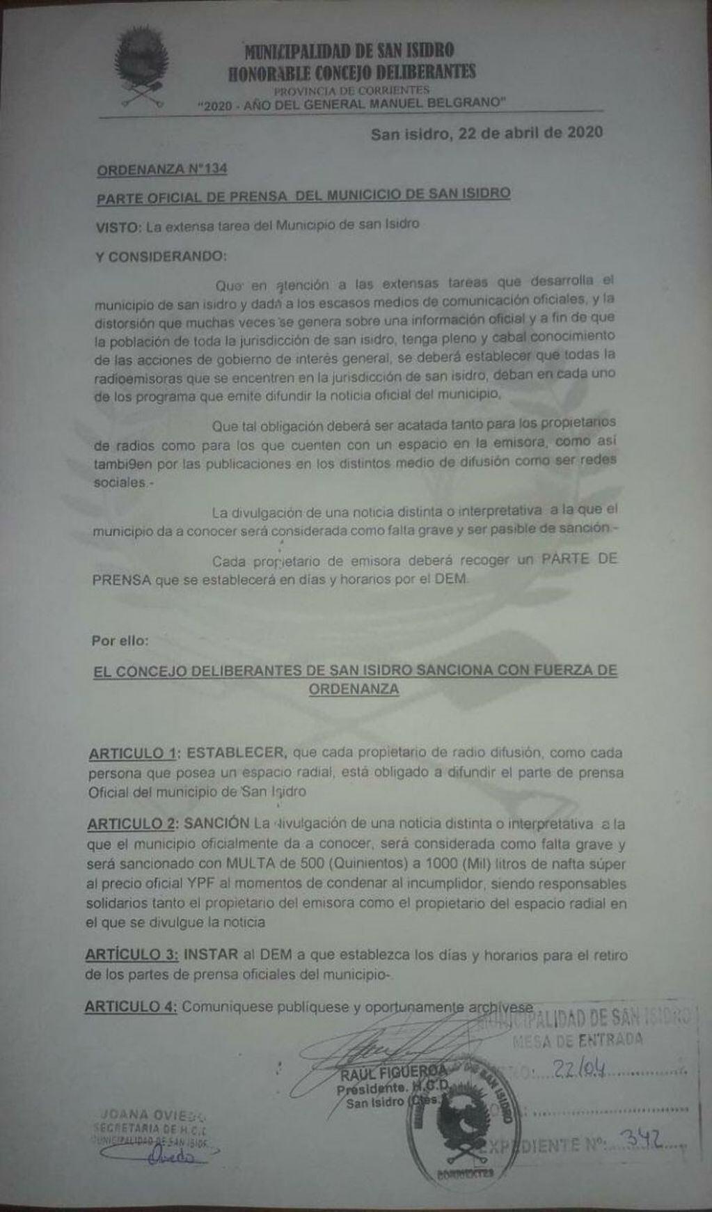 Resolución municipal de San Isidro Corrientes.