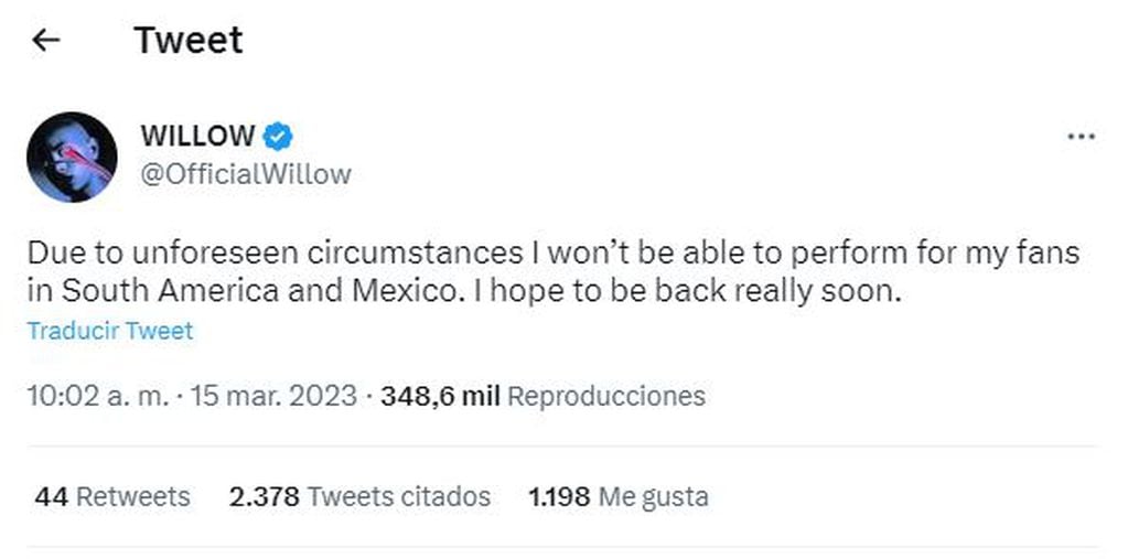 Otra baja en el Lollapalooza Argentina 2023: Willow canceló su gira por Latinoamérica