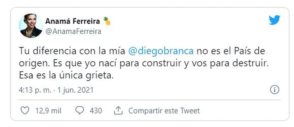 La respuesta de Anamá para Diego Brancatelli.