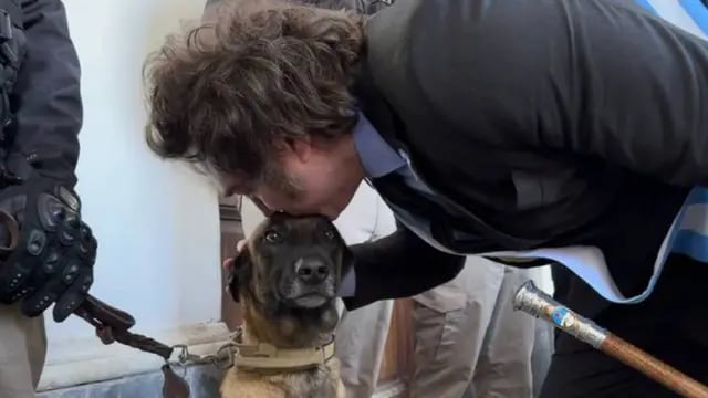 Javier Milei en Córdoba: el afectuoso saludo del Presidente a un perro de la Policía Federal.