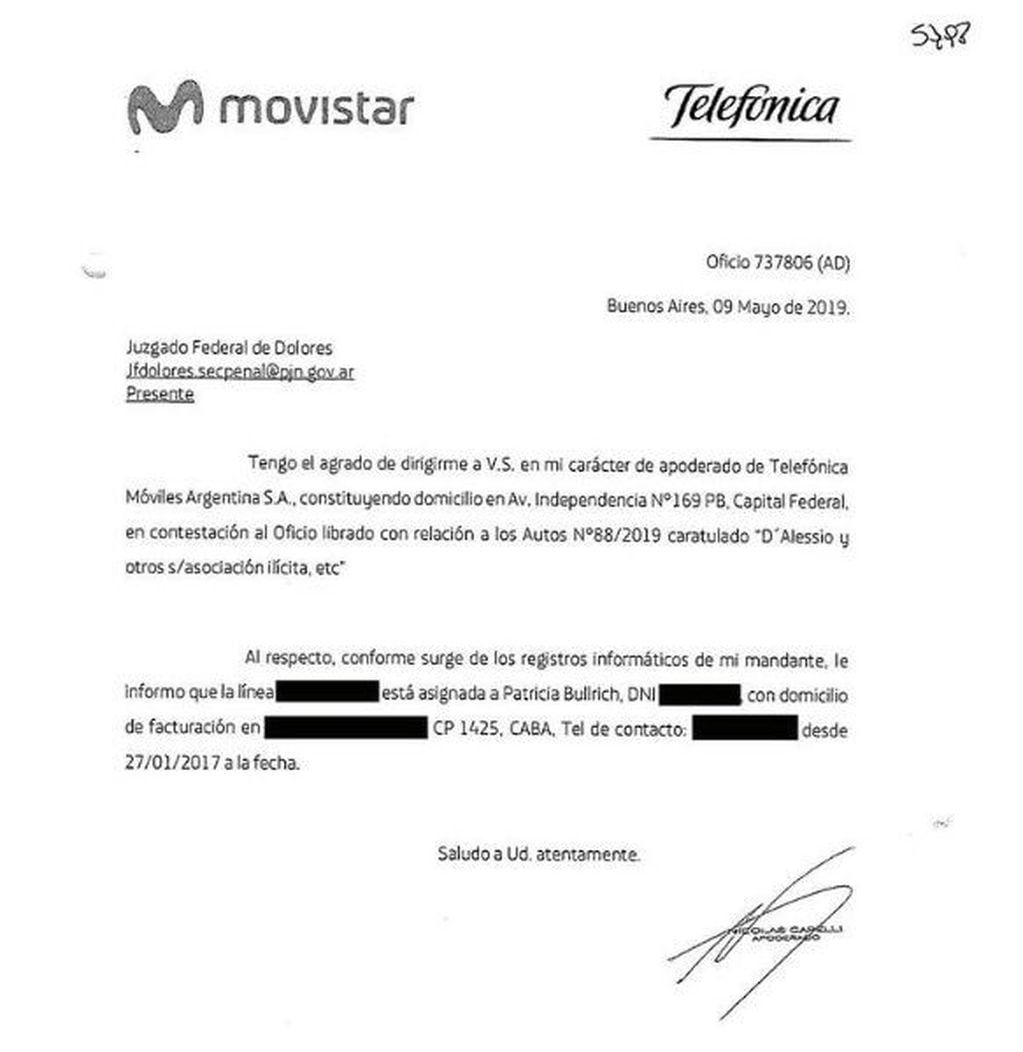Carta de Movistar sobre vínculo Bullrich - D'Alessio y chats (Tiempo Argentino)