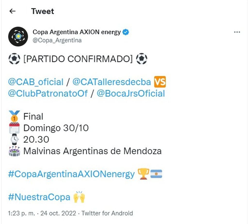 Copa Argentina y el mensaje confirmando la final.