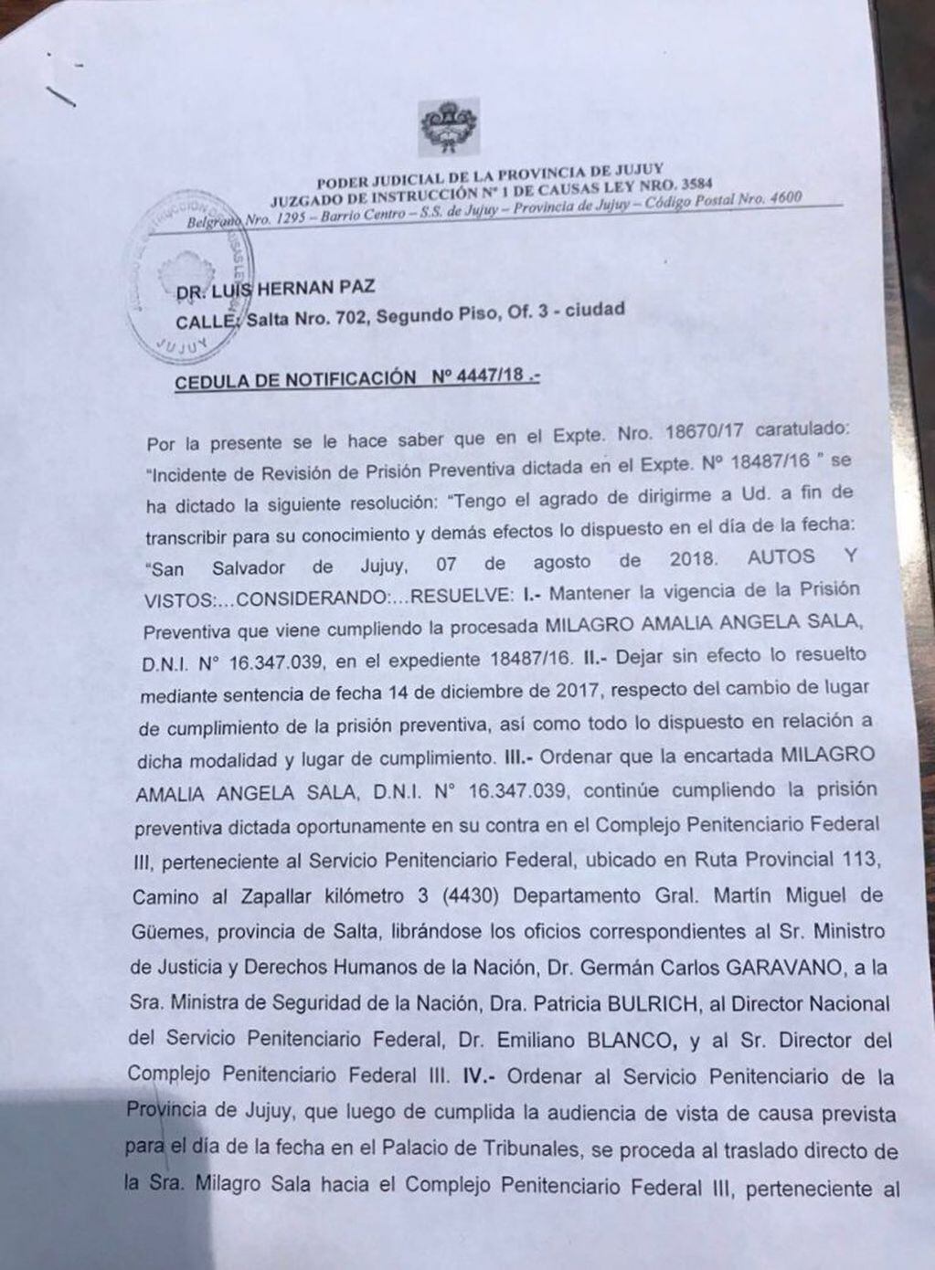 Resolución para traslado de Milagro Sala a una cárcel federal en Salta