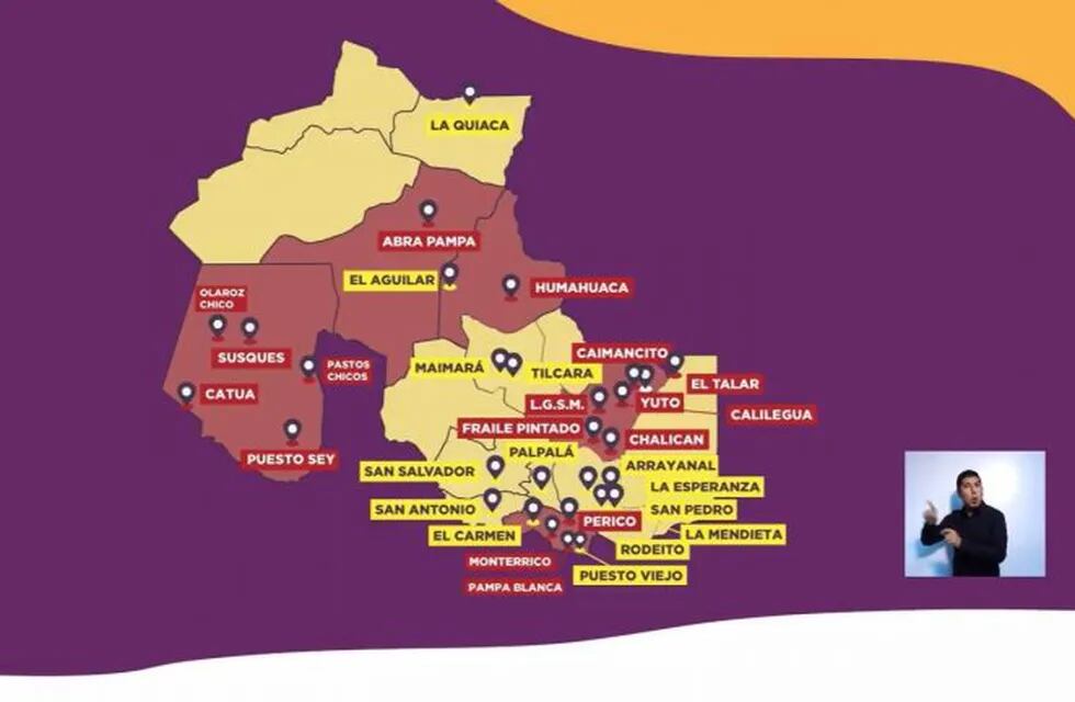 Localización de las zonas rojas y amarillas con y sin casos, en el mapa de la provincia de Jujuy.