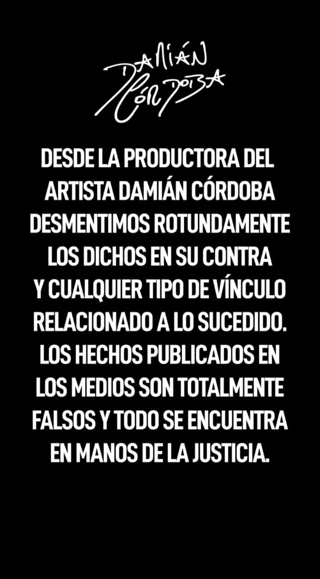 Comunicado de Damián Córdoba y su productora.