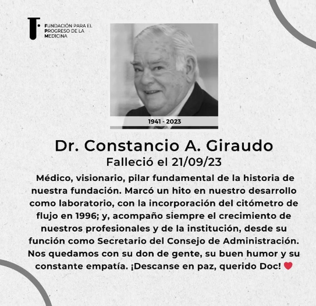 Falleció el médico cordobés Constancio Giraudo (Captura Instagram).