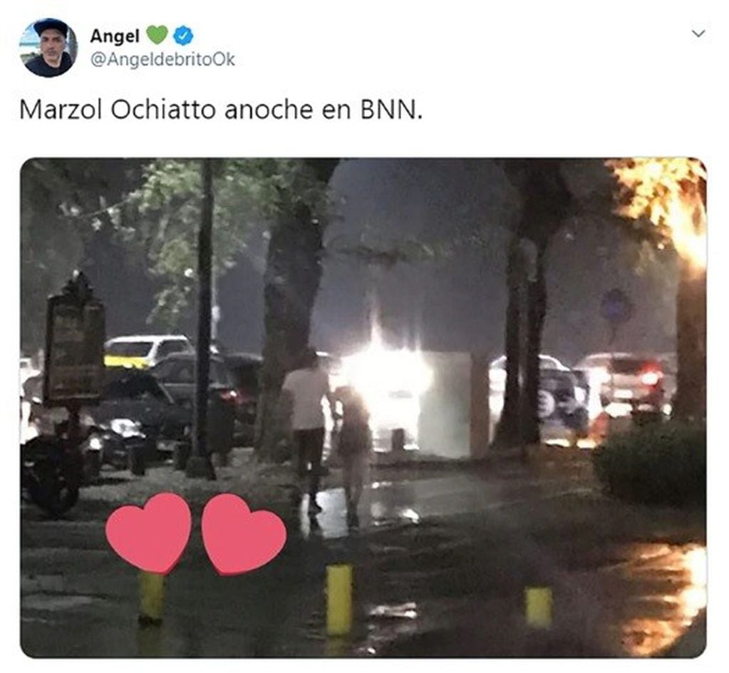Ángel de Brito escrachó a Noelia Marzol y a Nico Occhiato caminando juntos en la noche porteña (Foto: Captura Twitter)