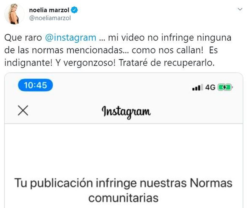 Noelia Marzol mostró la censura de la red social. (Foto:Twitter)