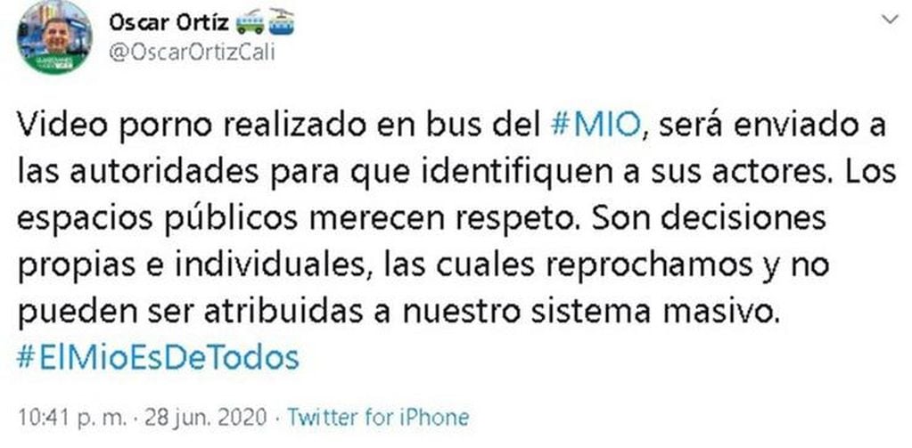 En un tuit del presidente Metrocali (la empresa responsable del sistema MIO), la compañía condenó lo sucedido.