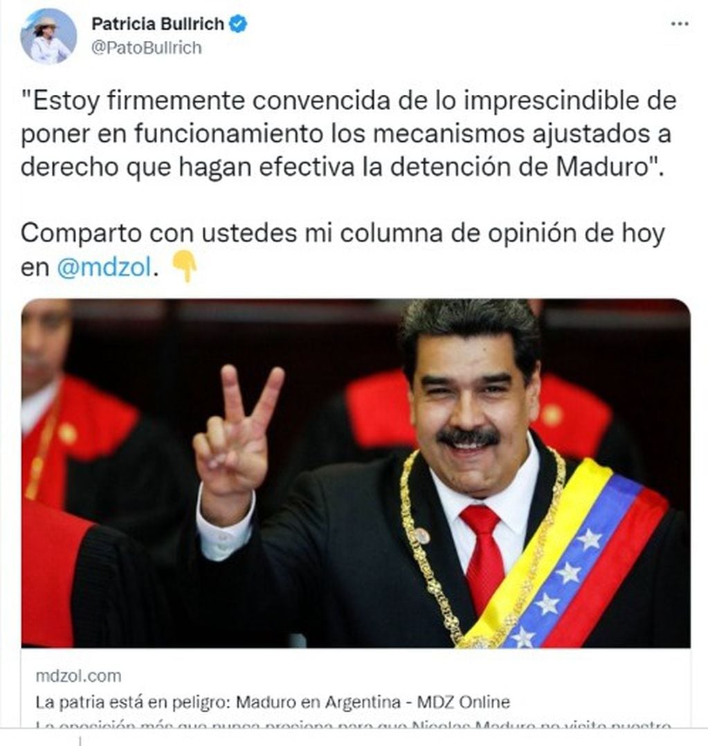 El tuit de Patricia Bullrich sobre Nicolás Maduro. (Captura de pantalla)