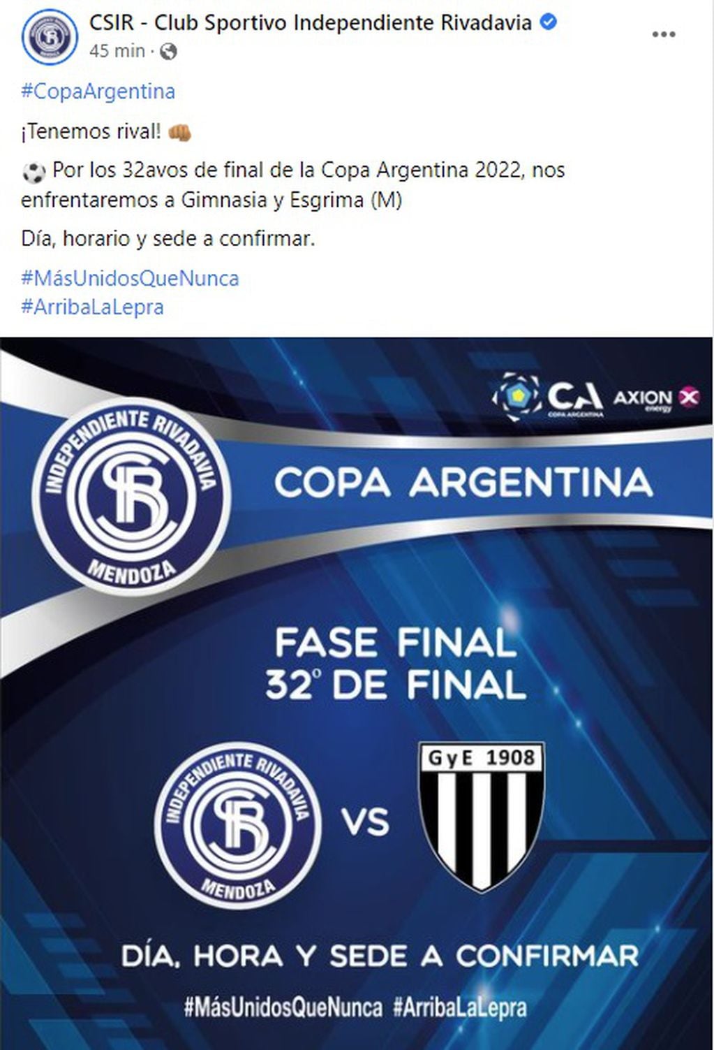 Independiente Rivadavia confirmó el clásico ante Gimnasia de Mendoza en las redes sociales luego del sorteo por la Copa Argentina.