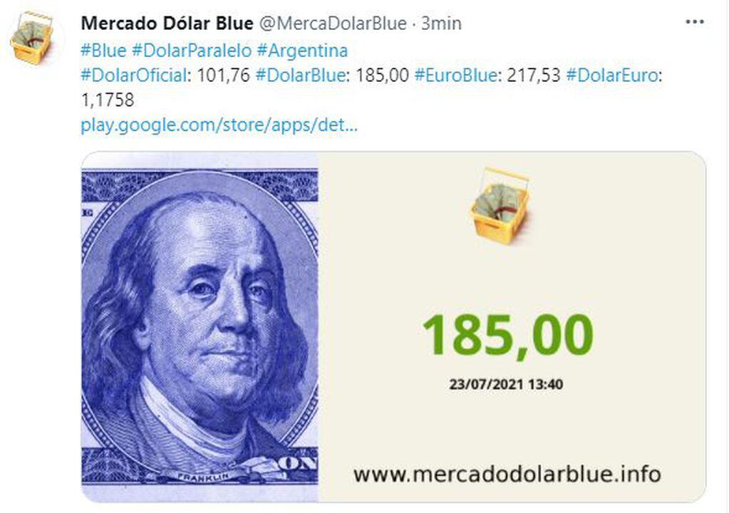 Cotización del dólar Blue el viernes 23 de julio de 2021.