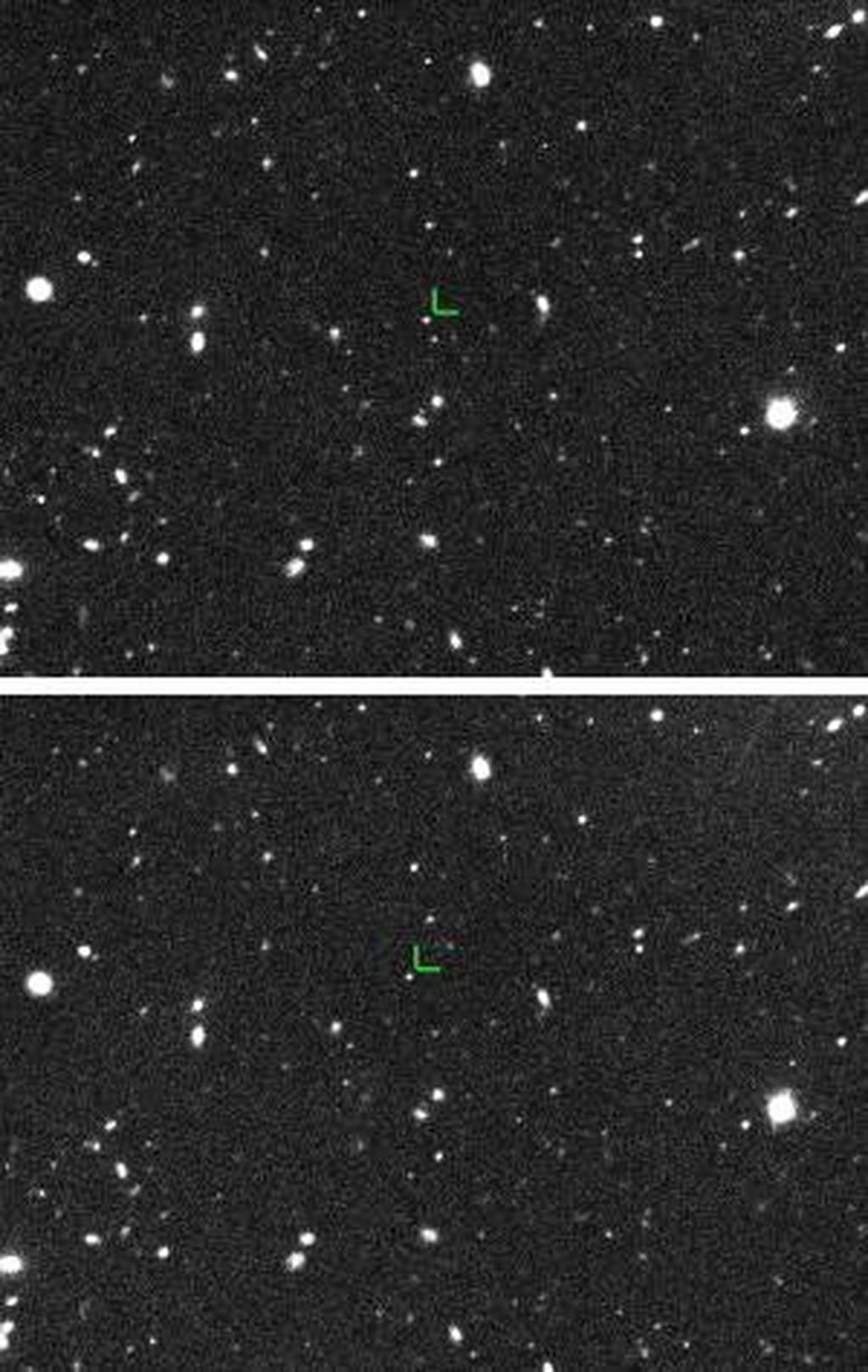 El Duende fue detectado por primera vez el 13 de octubre de 2015 desde un telescopio situado sobre el volcán hawaiano Mauna Kea. Las imágenes tienen 3 horas de diferencia y muestran al planeta enano en distintas posiciones. Crédito: Scott Sheppard.