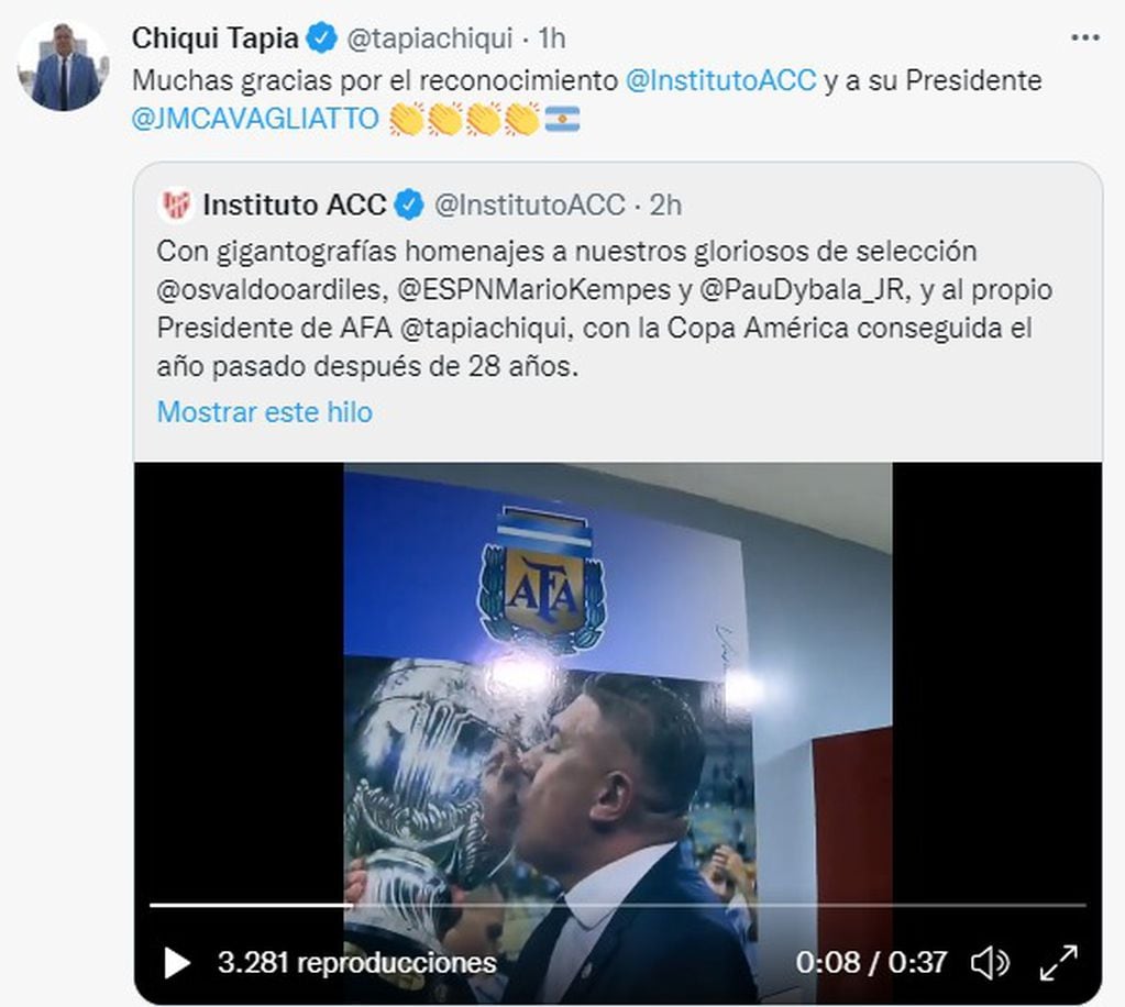 Claudio Tapia agradeció el gesto de Instituto con la Selección argentina.