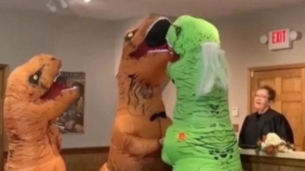 Una pareja se casa vestida de dinosaurio (Web)